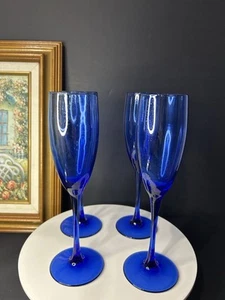 Rare Find Set of 4 Luminarc France Cobalt Blue Stem Glass Champagne Flutes 9”x2” - Picture 1 of 7