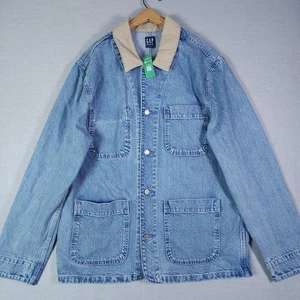 GAP Denim Jacket Mens Large Blue Chore Coat Contrast Collar New Workwear Utility - Picture 1 of 7