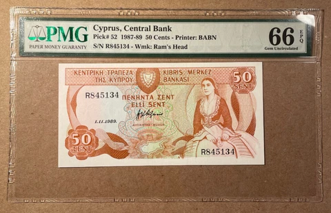 1987-89 Cyprus PMG 66 EPQ - Pick# 52 50 Cents S/N R845134 Gem Unc Cover