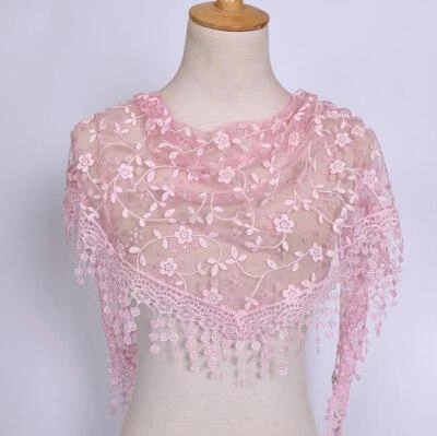 Elegant Head Wrap Women Lace Floral Triangle Scarf Sheer Tassel Shawl Scarves - Image 1 of 4