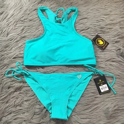 Тело перчатка Leelo Бразилиа бирюзовый бикини верхний низ новый с Ярлыками Sz L шнурует вверх собранными в Рюш назад - Изображение 1 из 4