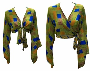 Recycled Crop Top Bell Sleeves Front Knot Wrap Blouse Free Size Up to 16 P122 - Picture 1 of 3
