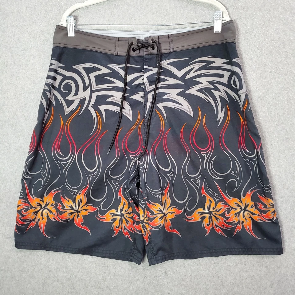 OP Hombres Traje de Baño 34 Negro Flaming Boardshorts Logo Y2K Surf Playa Foto 1 de 4