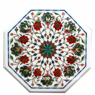 15" Marble Side End Table handmade floral art inlay semi precious stones work - Image 1 of 4