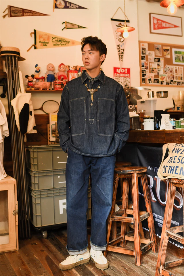 Da Fei Li Vintage Style Army Pullover Workwear Blue Denim Collar Button Shirt - Image 1 of 4
