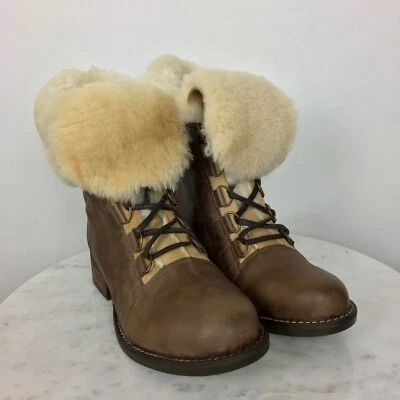 Luxe De Leon Women’s Boots NWOB Aura Lace Up Fur Brown Leather Ankle Sz 12 - Image 1 of 4
