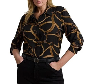 Lauren Ralph Lauren Women Button Shirt Equestrian Belts Horseshoe Purple Gold 1X - Picture 1 of 10