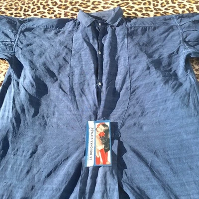 CAMISA Y REFUERZOS LARGOS EDUARDIANOS FRANCESES DE 1900 PARA HOMBRE ~ LINO AZUL TEÑIDO A MANO ~ M Foto 1 de 4