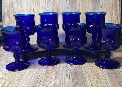 8 Indiana Tiara Kings Crown Thumbprint Imperial Blue Cobalt Cordial Glasses - Image 1 of 4
