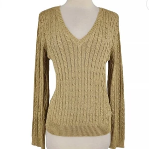 Suéter Lauren Ralph Lauren Dorado Metálico Mezcla Seda Cuello en V Tejido con Cable Talla L - Imagen 1 de 11