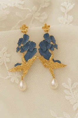Pendientes Museo Grulla Pájaro Perla Ornamentada Flor Palacio Fénix Chino Oro De Colección Foto 1 de 4