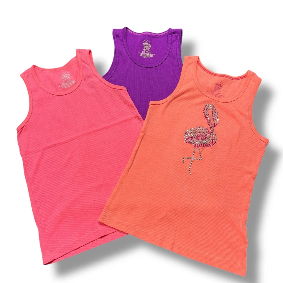 Conjunto de 3 regatas femininas sem mangas com nervuras laranja rosa roxo grande 10 12  - Imagem 1 de 4