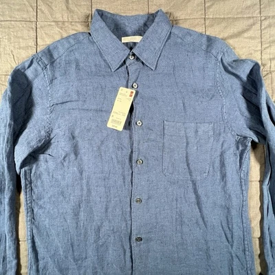Uniqlo Chambray Shirt Men Medium Blue Premium Linen Long Sleeve Button Up NEW - Image 1 of 4
