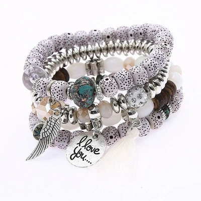 Natural Stone Jewellery Bangle Beaded Boho Bracelet Multilayer Crystal Womens - Image 1 of 4