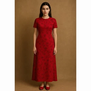 Liz Clairborne Seide rot Blumen Maxikleid Damen 6 Vintage 90er Tomate Mädchen Cocktail - Bild 1 von 10