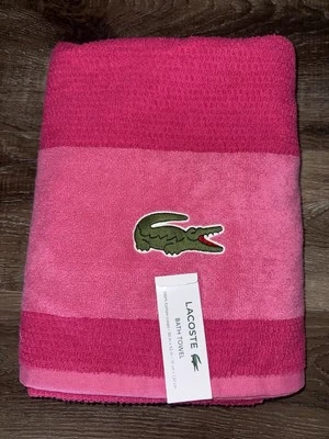 Lacoste ~ Toalla de baño rosa intenso 100 % algodón 30" x 52" logotipo de cocodrilo grande (B) Foto 1 de 4