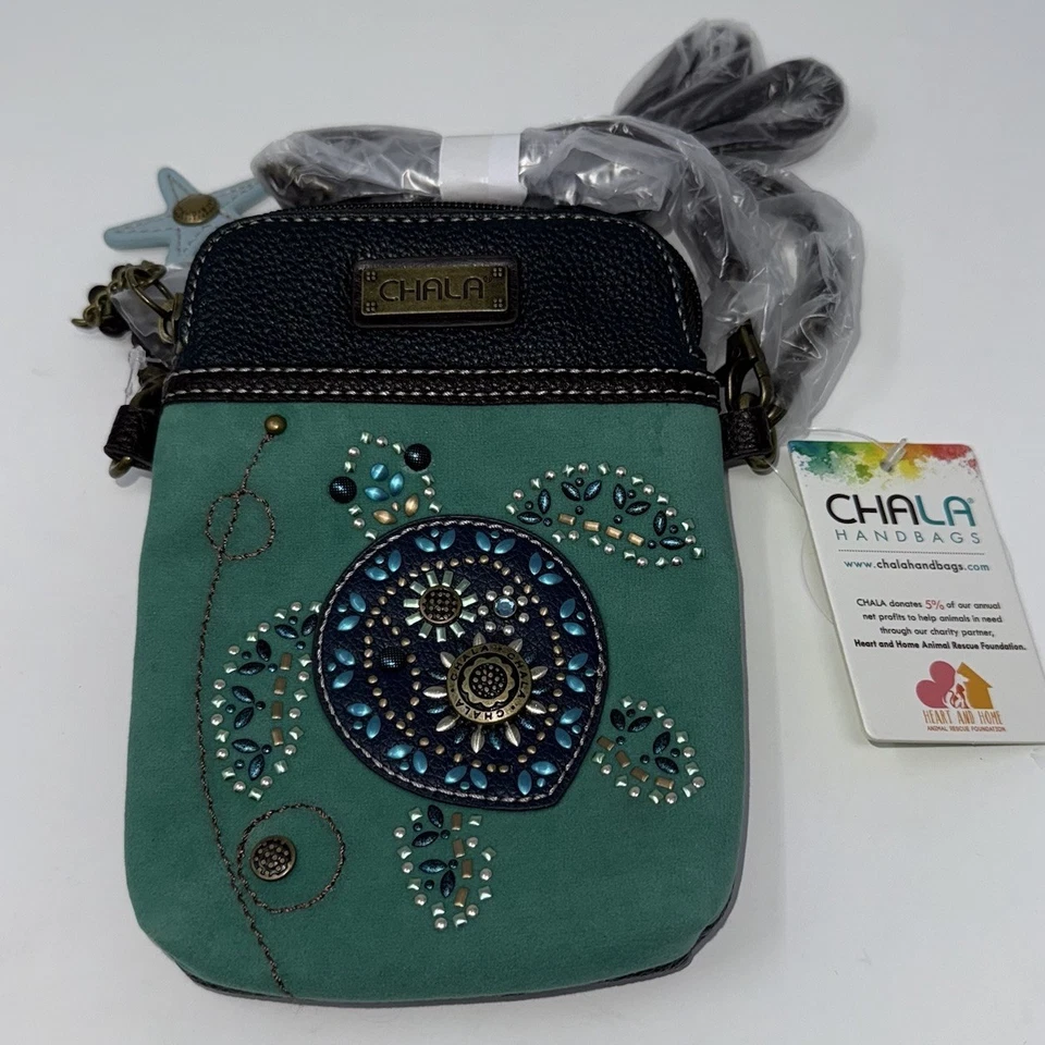 Chala Dazzled Turquoise Turtle Cell Phone Crossbody Purse Adjustable Strap