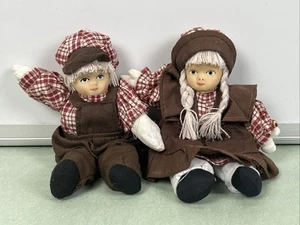 Vintage Boy & Girl Porcelain Cloth Rag Doll White Hair Pair Matching Outfits - Picture 1 of 5
