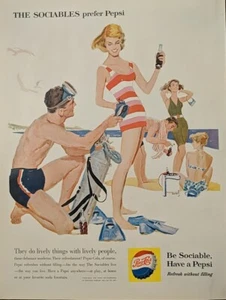 1960 vintage Pepsi Cola print ad, the sociables Beach, Ocean, Snorkeling - Picture 1 of 1