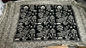 Warli Indigenous Symbol Folk Art Tablecloth Bedspread Wall Hanging Black/Cream - Picture 1 of 9
