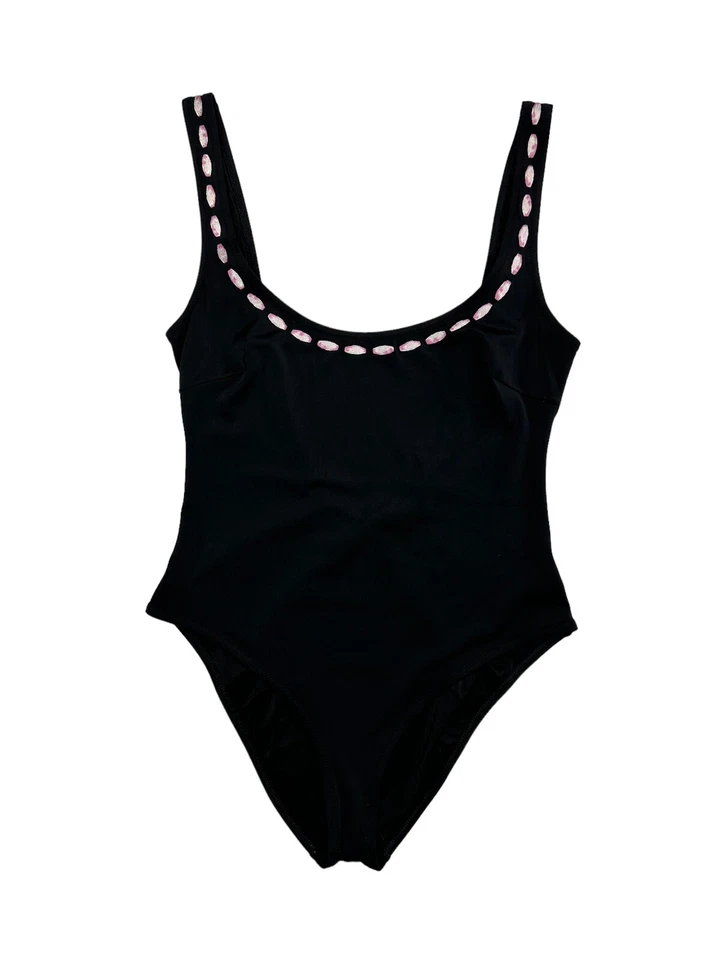 Vintage MOSCHINO 1990s Black Swimsuit Embroidered Bow Ribbon USA Size XL - Image 1 of 4