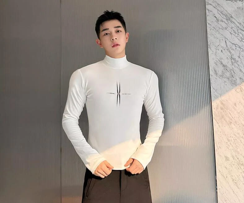 Men's Fashion Autumn Turtle Neck Long Sleeve Slim Printed T-shirt Youth Pullove - Image 1 of 4