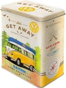 Vintage Style Retro Large Lidded Tin - VW Volkswagen Let's Get Away! Surf - Picture 1 of 4
