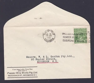 1931 KING GEORGE V PRE-DECIMAL STAMP PREMIER WIRE WORKS COMMERCIAL COVER #B174 - Picture 1 of 1