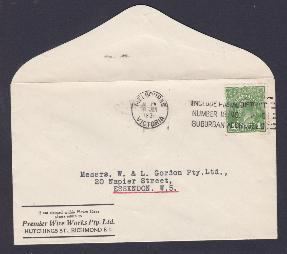 1931 KING GEORGE V PRE-DECIMAL STAMP PREMIER WIRE WORKS COMMERCIAL COVER #B174 - Image 1 of 1