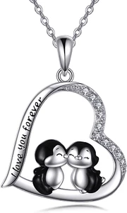 Penguins Heart Forever Love Necklace 925 Sterling Silver Jewelry Gifts for Women - Picture 1 of 7