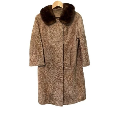 复古 Karl Frankfurt 卷曲羊皮毛皮大衣貂皮领女式保暖外套 — 第 1/4 张图片