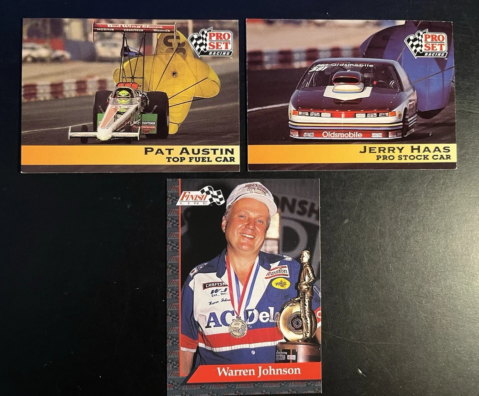 3 Vintage 1992 NHRA Drag Racing Cards, Pat Austin, Jerry Haas, Warren Johnson - Image 1 of 2