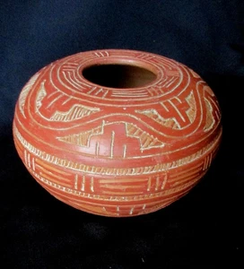 Vintage Raimundo Cardoso Brazilian Pottery Bowl Etched Design Rust Color Signed - Picture 1 of 7