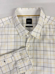 Hugo Boss Camisa Hombre L Slim Blanco Azul Marino Amarillo Cuadros 340 - Imagen 1 de 4