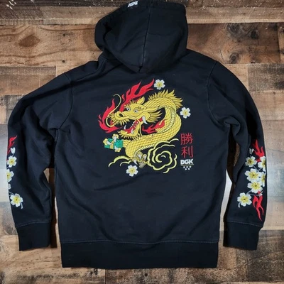 DGK Dragon Hoodie Mens Small Black Floral Sweatshirt Embroidered Grunge Dynasty - Image 1 of 4