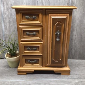 Vintage Wooden Honey Oak Color Tabletop Jewelry Box Armoir 12” x 9.5” - Picture 1 of 15