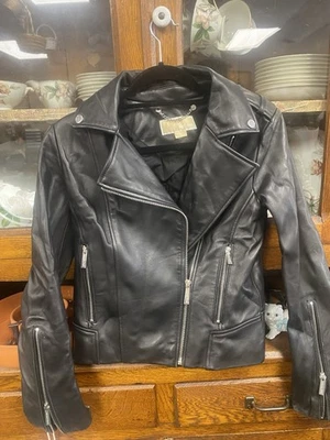 Michael Kors Women's Petite Xsmall Leather Moto Full Zip Jacket Black $250 - Image 1 of 4