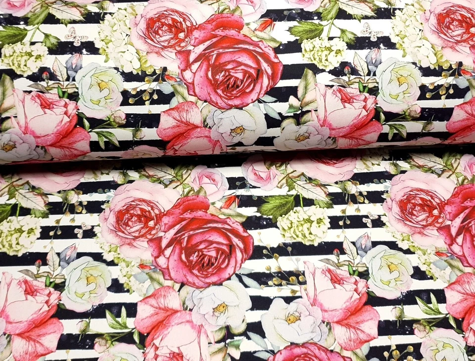 Softshell * Rosen auf Streifen s/w * Meterware * NEU - Bild 1 von 1