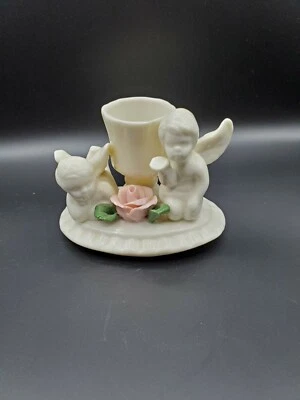 Vintage Cherubs and Rose Bisque Candle Holder Hand-Formed Flower Petals  - Image 1 of 4