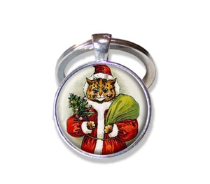 Holiday Santa Tabby Cat - Handmade ROUND Glass Pendant with Key ring Keychain - Picture 1 of 7