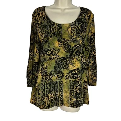 Mirasol Blouse Top Tunic Sz L Floral Black Gold Slinky Stretch Knit Artsy USA - Image 1 of 4
