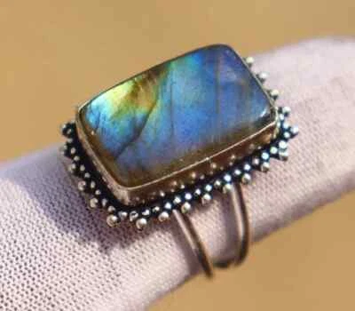 Brillante Pietra Labradorite 925 Argento Sterling Mano Anello Tutti Misura S-40 - Immagine 1 di 4