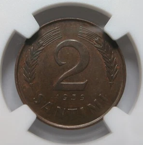 LATVIA 2 Santimi 1939 NGC MS 63 BN UNC Bronze Baltic Sun Griffon Wheat World War - Picture 1 of 6