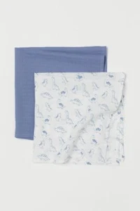 2-pack Muslin Comfort Blankets H & M Baby Boy Blue White Dinosaur Security NEW - Picture 1 of 2