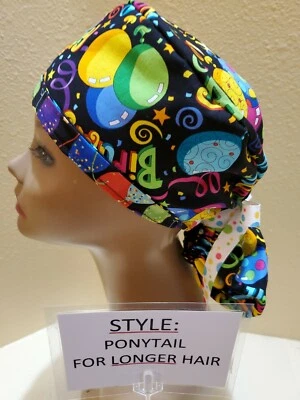 Happy Birthday Women's Ponytail Surgical Scrub Hat/Cap Handmade - Image 1 of 4