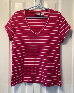 Chico's Damen rosa & weiß gestreiftes V-Ausschnitt T-Shirt Gr. 0 Small Flügelärmel - Bild 1 von 6