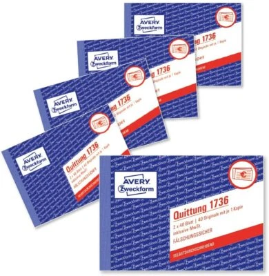 5 er Sparpack Avery Zweckform 1736 Quittung inkl. MwSt., DIN A6 quer - SOFORT
