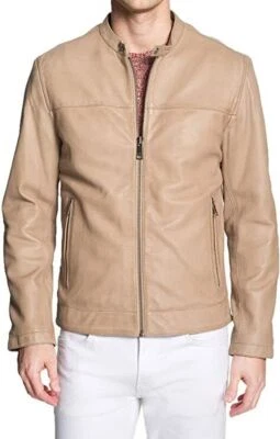 NEW Men's Cream Leather Jacket 100% Real Lambskin Causal Slim Fit Coat Jacket - Image 1 of 2