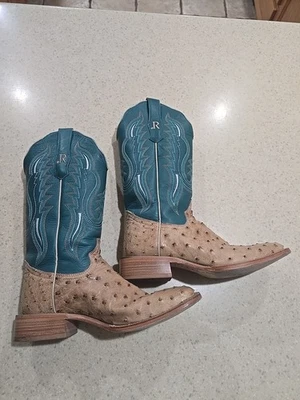 Botas R. Watson Pluma Completa Avestruz Bordadas Punta Cuadrada Vaquero Mujer Beige, Foto 1 de 4