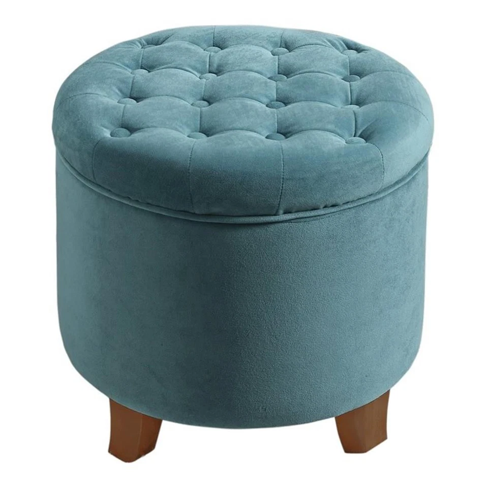 HomePop Round Transitional Wood and Velvet Ottoman with Storage in Blue - Image 1 of 4
